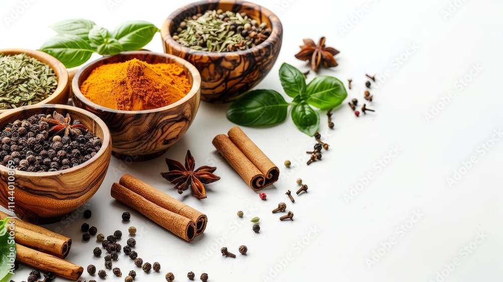 Aromatic spices in wooden bowls with fresh basil leaves on white background. Aromatic spices in wooden bowls with fresh basil leaves on white background.