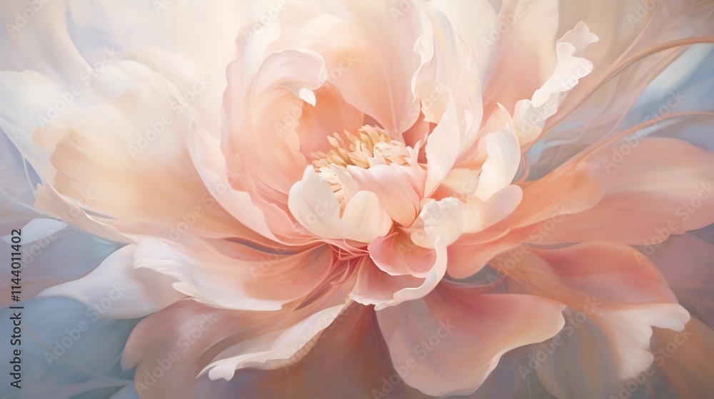 Captivating close up image showcasing the intricate beauty of a peony flower with its lush layered petals in soft pastel tones Captivating close up image showcasing the intricate beauty of a peony flower with its lush layered petals in soft pastel tones