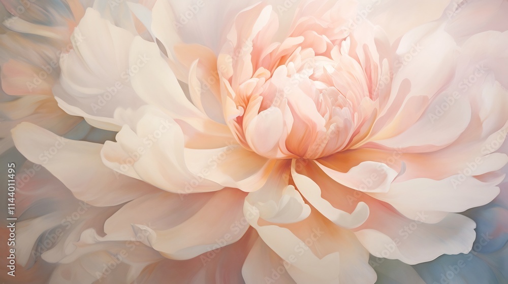 Close up of a lush layered peony flower with soft pastel pink lavender and cream colored petals in a rich textured botanical design The peony blossom displays a delicate elegant Close up of a lush layered peony flower with soft pastel pink lavender and cream colored petals in a rich textured botanical design The peony blossom displays a delicate elegant