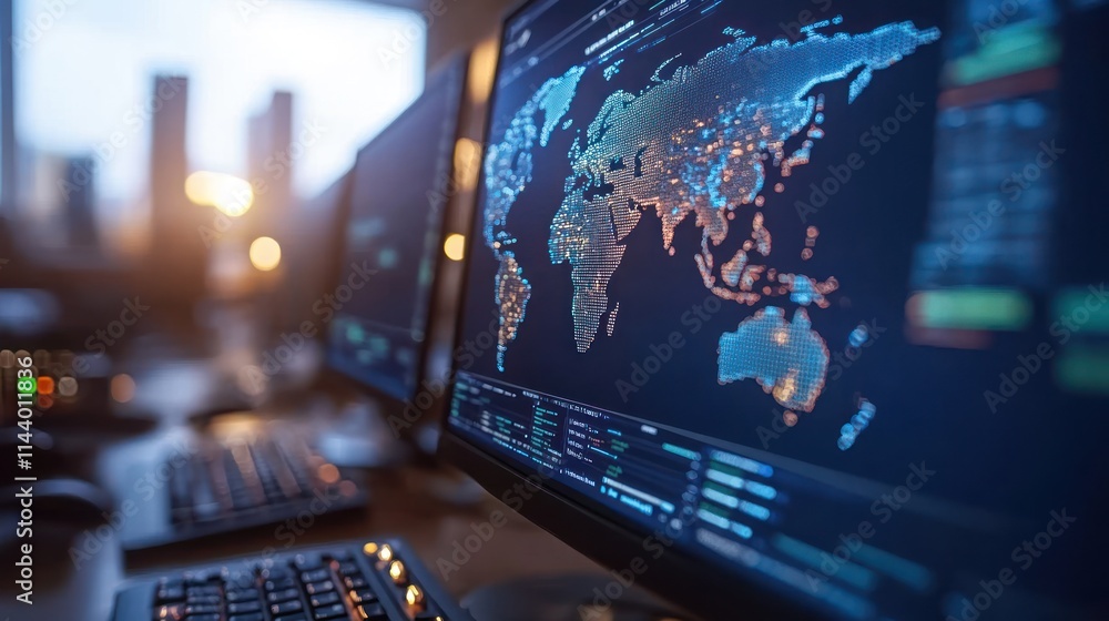 Global network monitoring system displayed on a computer screen in a modern office. Global network monitoring system displayed on a computer screen in a modern office.