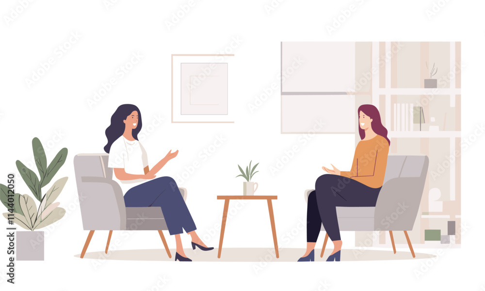 Two women sitting in chairs in a room Two women sitting in chairs in a room
