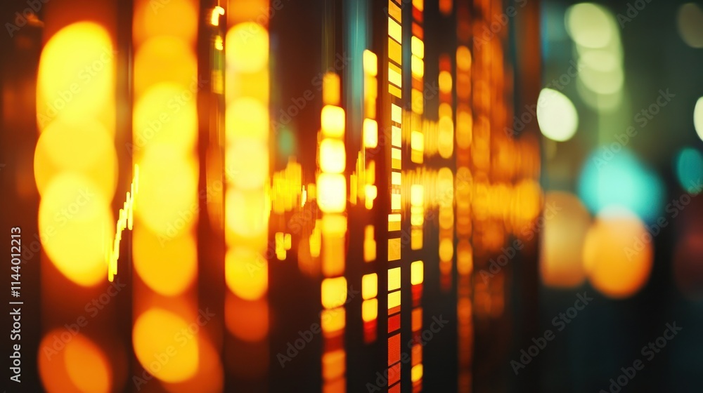 Abstract close-up of glowing stock market ticker displaying financial data at night. Abstract close-up of glowing stock market ticker displaying financial data at night.