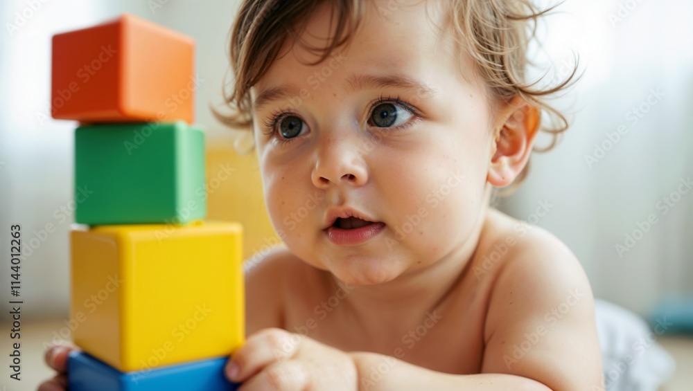 Curious toddler playing with colorful building blocks in a bright indoor setting Curious toddler playing with colorful building blocks in a bright indoor setting