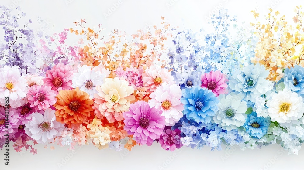 Fototapeta premium Rainbow floral arrangement of colorful artificial flowers.