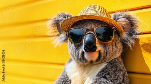 Cheerful koala sporting sunglasses and a beach hat, with a sunny yellow background, capturing the essence of summer adventures and vacation vibes. photo