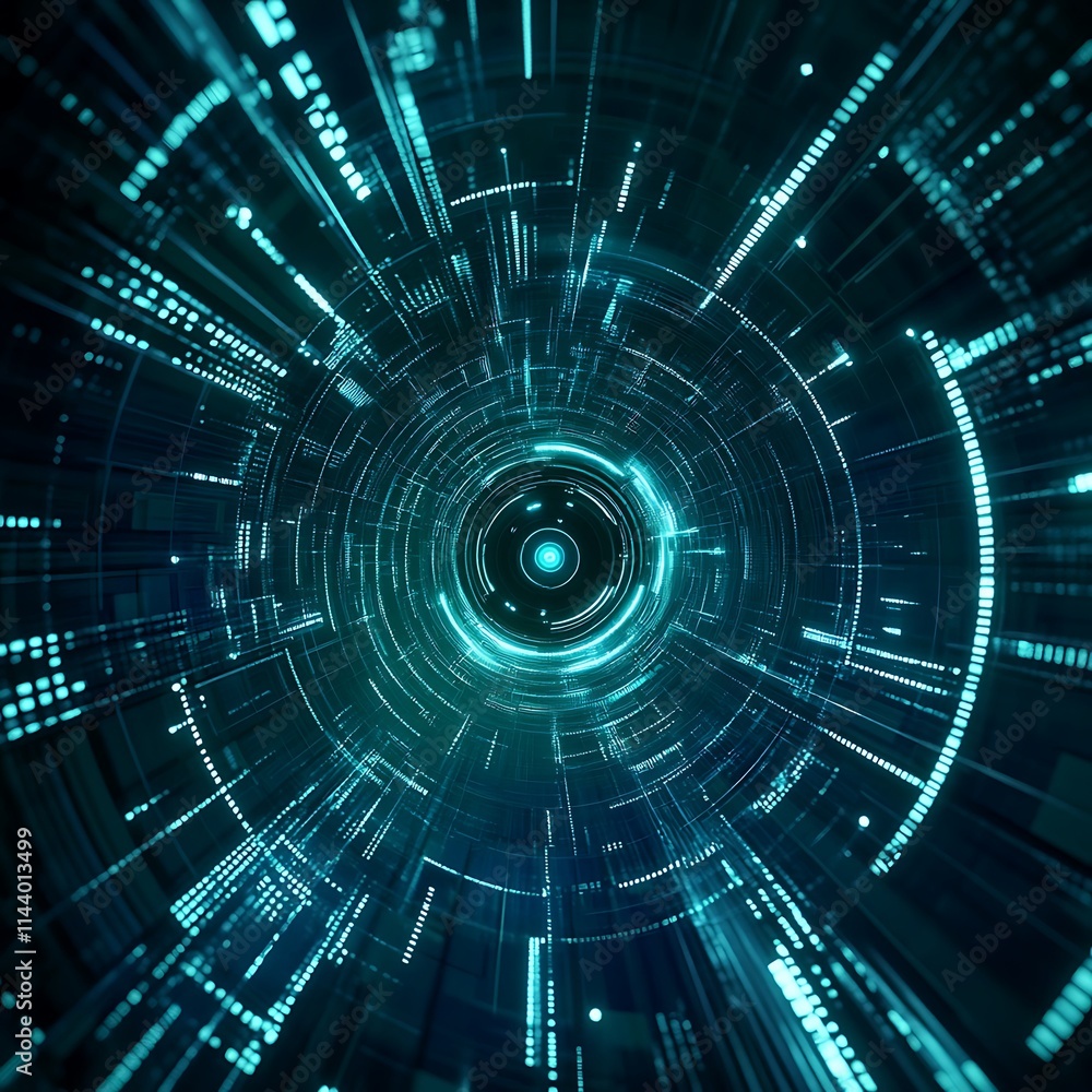 Obraz premium Futuristic Digital Tunnel with Bright Neon Lights and Data Patterns in Deep Dark Space