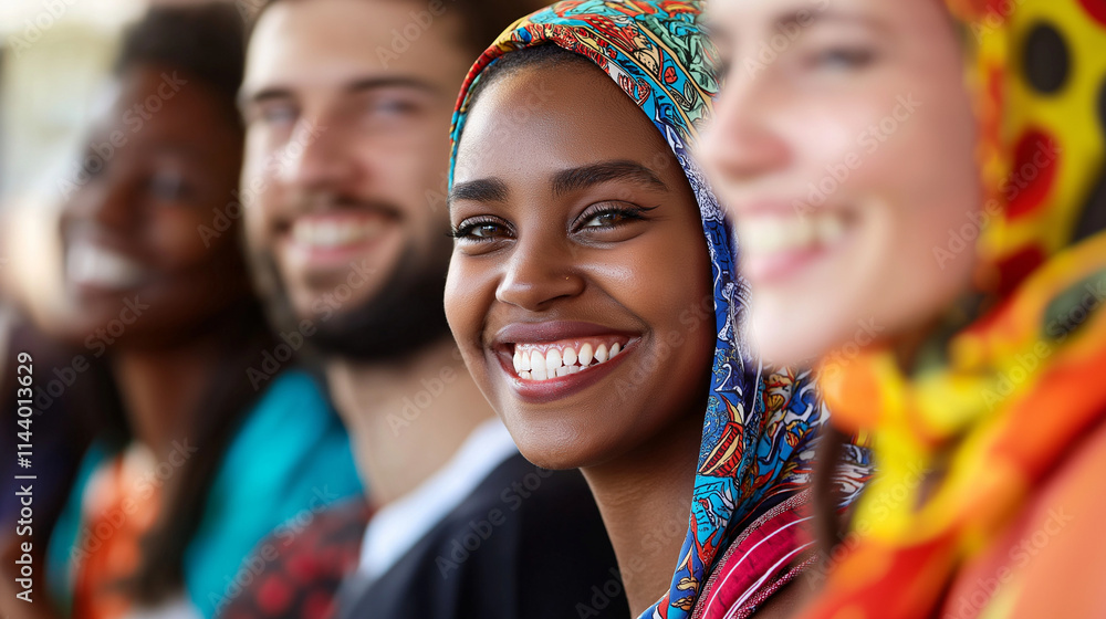 Im Zentrum eine fröhlich lachende Frau, umgeben von Menschen verschiedener Kulturen und Ethnien. Authentisches Diversitäts-Portrait Im Zentrum eine fröhlich lachende Frau, umgeben von Menschen verschiedener Kulturen und Ethnien. Authentisches Diversitäts-Portrait