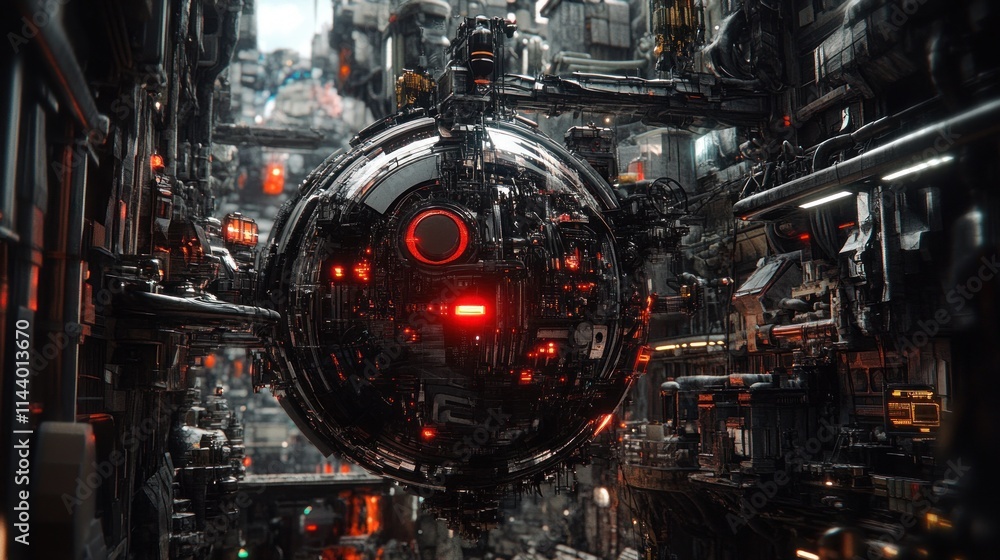 Futuristic city with a large, intricate, dark metallic sphere at its center, glowing red lights, complex machinery, and a dense urban environment. Futuristic city with a large, intricate, dark metallic sphere at its center, glowing red lights, complex machinery, and a dense urban environment.