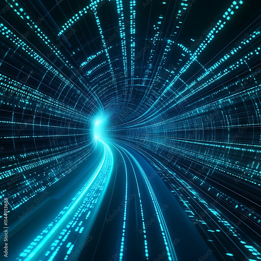 Futuristic Digital Tunnel with Glowing Blue Lines and Data Points in Motion Effect