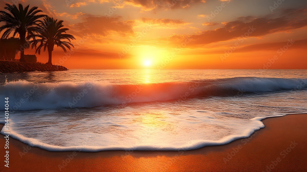 Vibrant sunset over ocean waves on tropical beach. Vibrant sunset over ocean waves on tropical beach.