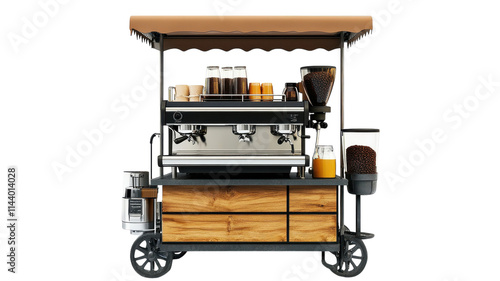 Mobile coffee cart with espresso machine and various beverages on display in a stylish urban setting.