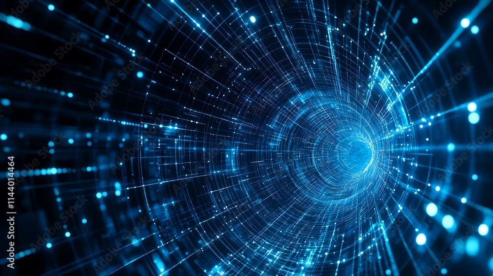 Futuristic Tunnel of Bright Blue Lights and Glowing Particles Creating a Digital Perspective Futuristic Tunnel of Bright Blue Lights and Glowing Particles Creating a Digital Perspective
