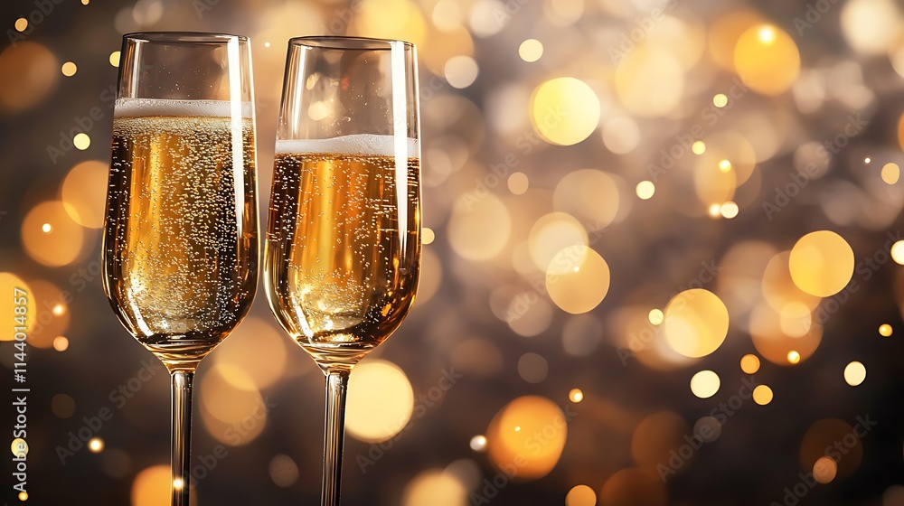 Champagne Flutes Sparkling Softly Closeup Photo Festive Bokeh Lights Background. AI Generated Champagne Flutes Sparkling Softly Closeup Photo Festive Bokeh Lights Background. AI Generated