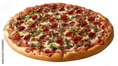 Delicious pepperoni and sausage pizza topped with green peppers, freshly baked and served on a wooden table.