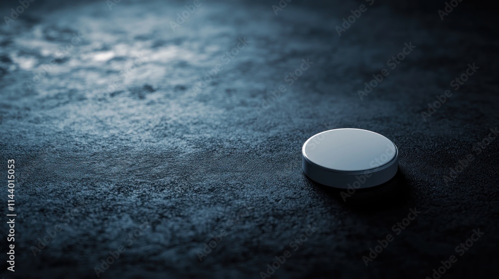 A single, white puck rests on a dark, textured surface. A single, white puck rests on a dark, textured surface.