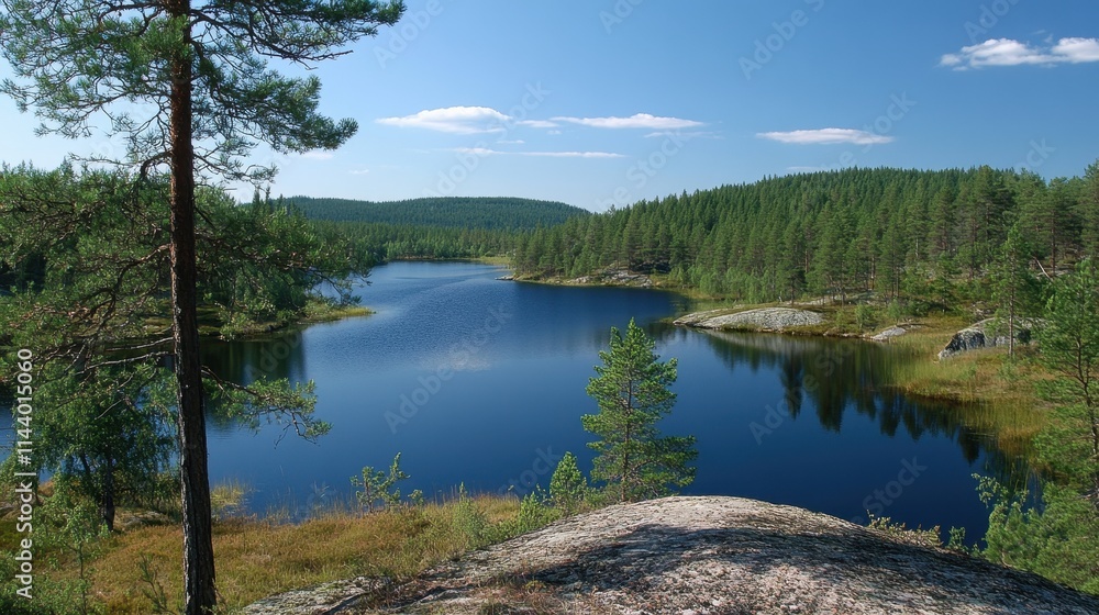 Serene lake nestled in a pine forest, clear blue water reflects the sky. Perfect for illustrating tranquility, nature, and outdoor adventure themes. Serene lake nestled in a pine forest, clear blue water reflects the sky. Perfect for illustrating tranquility, nature, and outdoor adventure themes.