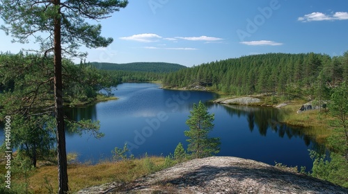 Serene lake nestled in a pine forest, clear blue water reflects the sky. Perfect for illustrating tranquility, nature, and outdoor adventure themes.