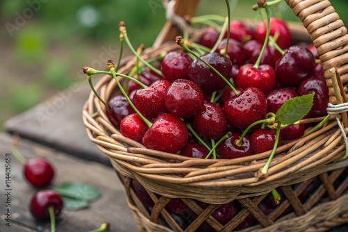 Ripe juicy cherries, with water droplets, in a basket - close-up.