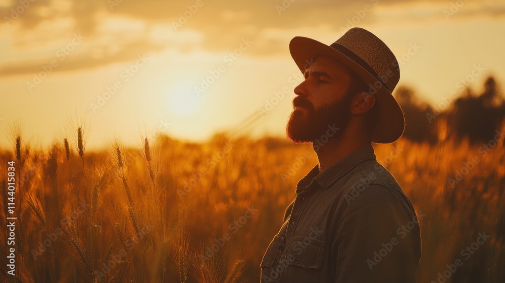 Bearded man in hat stands in golden wheat field at sunset, eyes closed, peaceful.