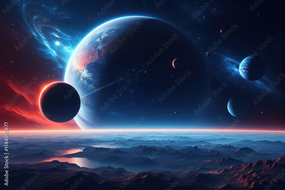 A breathtaking view of a celestial landscape, featuring a vibrant planet, a smaller moon, and a breathtaking sunset over a sea of fluffy clouds. A breathtaking view of a celestial landscape, featuring a vibrant planet, a smaller moon, and a breathtaking sunset over a sea of fluffy clouds.