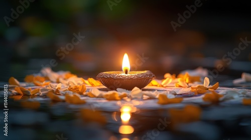 Glowing candle flame in dark setting, surrounded by flower petals floating on water. photo