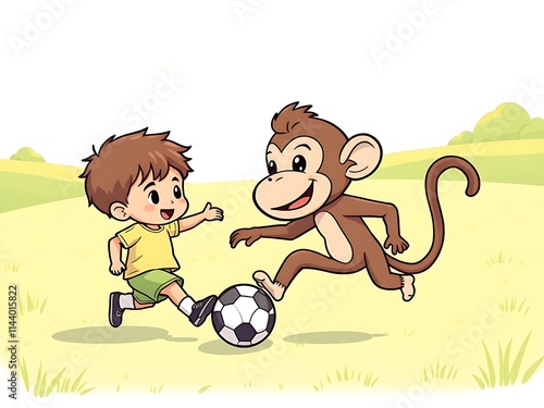 Cartoon boy and monkey playing soccer in a field. AI Generated photo