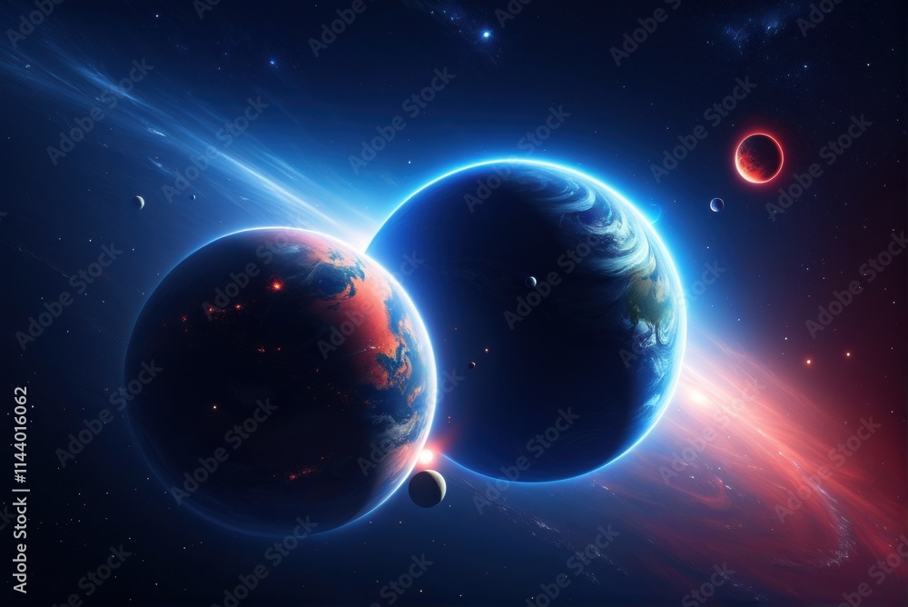 Obraz premium A breathtaking view of a celestial landscape, featuring a vibrant planet, a smaller moon, and a breathtaking sunset over a sea of fluffy clouds.