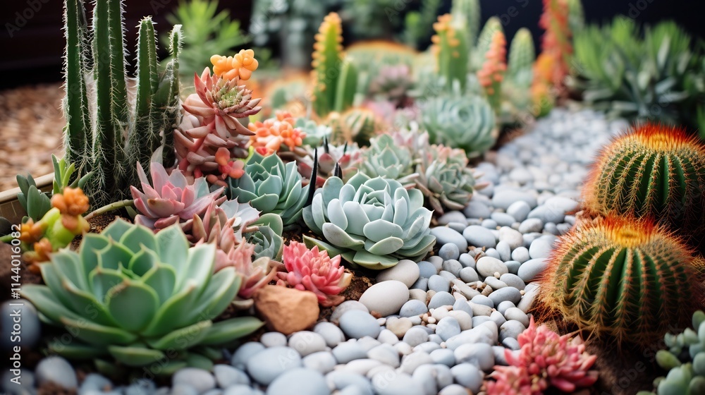 Beautifully Curated Succulent Garden Featuring Neatly Arranged Cacti and Decorative Stones Creating a Serene and Calming Atmosphere for Relaxation and Home Decor Beautifully Curated Succulent Garden Featuring Neatly Arranged Cacti and Decorative Stones Creating a Serene and Calming Atmosphere for Relaxation and Home Decor