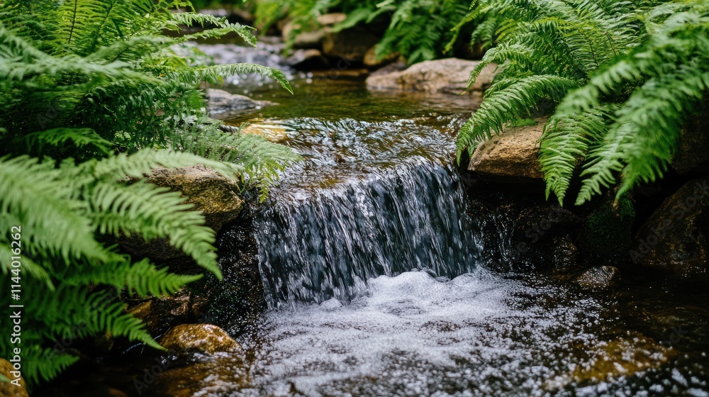 Serene waterfall cascading over rocks, surrounded by lush green ferns. Serene waterfall cascading over rocks, surrounded by lush green ferns.