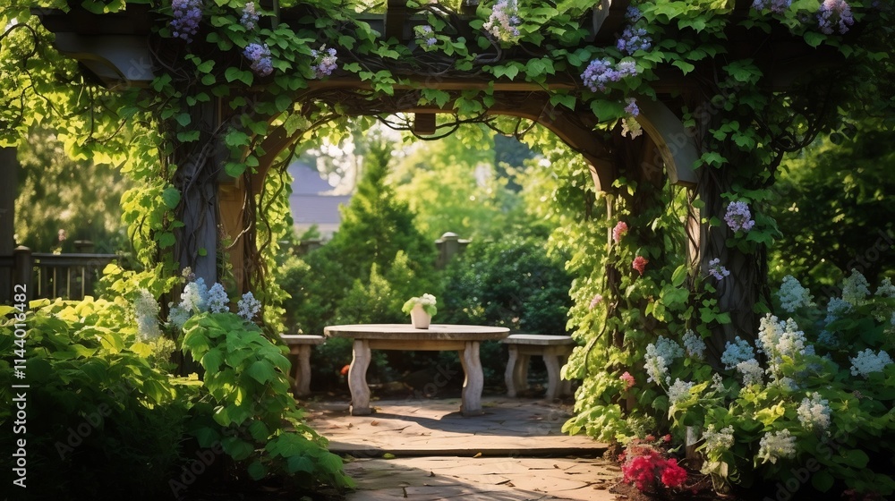 Lush and verdant garden arbor adorned with a bountiful display of climbing ivy and vibrant morning glory flowers on a tranquil sun drenched day Lush and verdant garden arbor adorned with a bountiful display of climbing ivy and vibrant morning glory flowers on a tranquil sun drenched day
