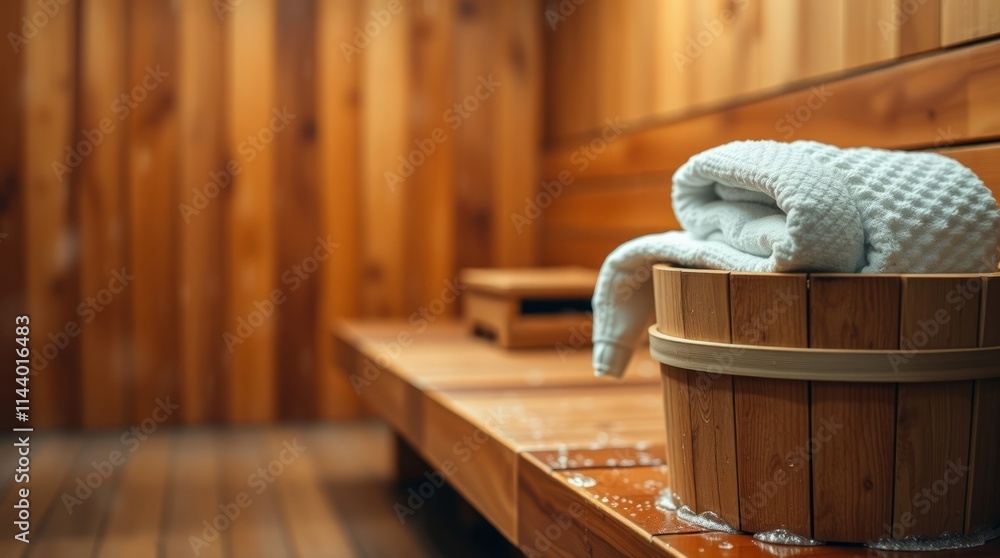 Sauna bucket and towel in a wooden bathroom with luxury furniture and clean design Sauna bucket and towel in a wooden bathroom with luxury furniture and clean design