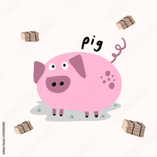 Pig scandinavian illustration farm animal asset. farm animal illustration asset. farm animal illustration