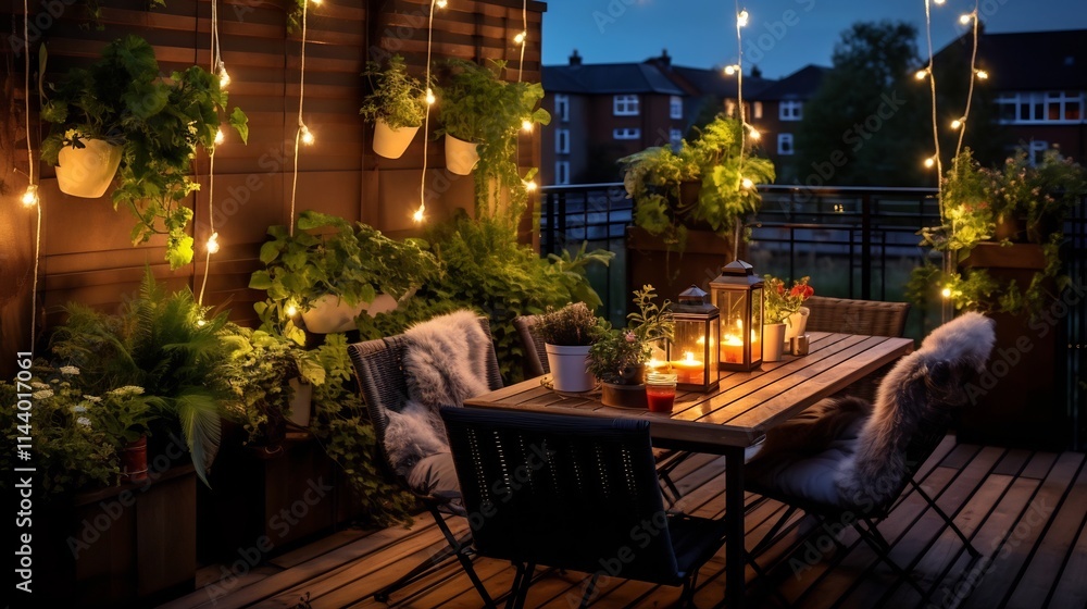Tranquil and Inviting Urban Garden Oasis with Vertical Planters Twinkling String Lights and a Cozy Relaxing Atmosphere Perfect for Outdoor Entertaining or Quiet Moments of Respite Tranquil and Inviting Urban Garden Oasis with Vertical Planters Twinkling String Lights and a Cozy Relaxing Atmosphere Perfect for Outdoor Entertaining or Quiet Moments of Respite