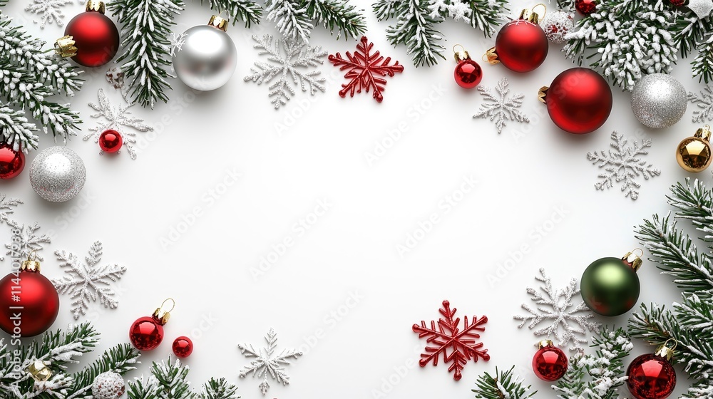 Festive Christmas Frame with Ornaments, Snowflakes, and Fir Branches on White Background Festive Christmas Frame with Ornaments, Snowflakes, and Fir Branches on White Background