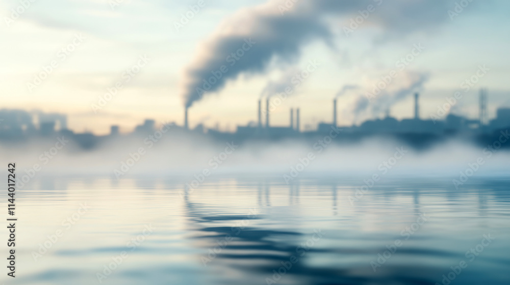 Industrial skyline: pollution and smoke rising over a calm body of water at dawn Industrial skyline: pollution and smoke rising over a calm body of water at dawn