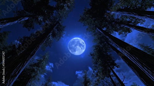 Majestic Moon Illuminates Tall Forest Trees at Night photo