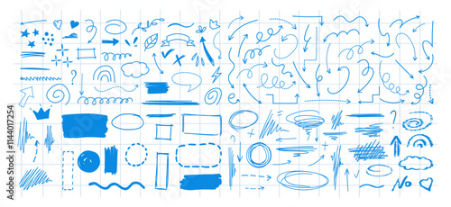 Hand-drawn doodle sketch elements on blue checkered background