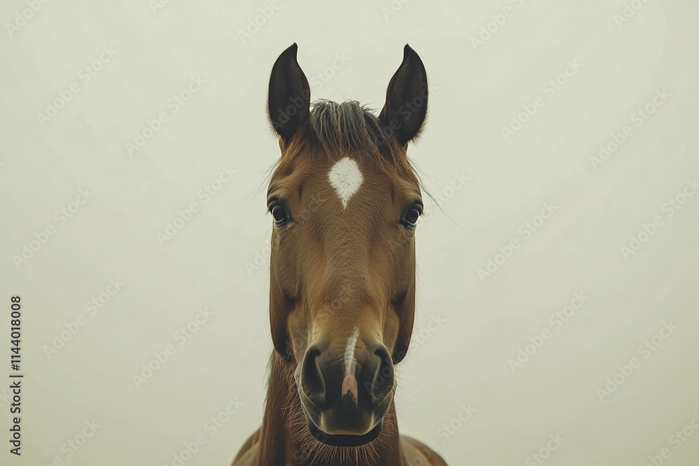 Fototapeta premium A brown horse, with a white spot on its forehead, stares at the camera.