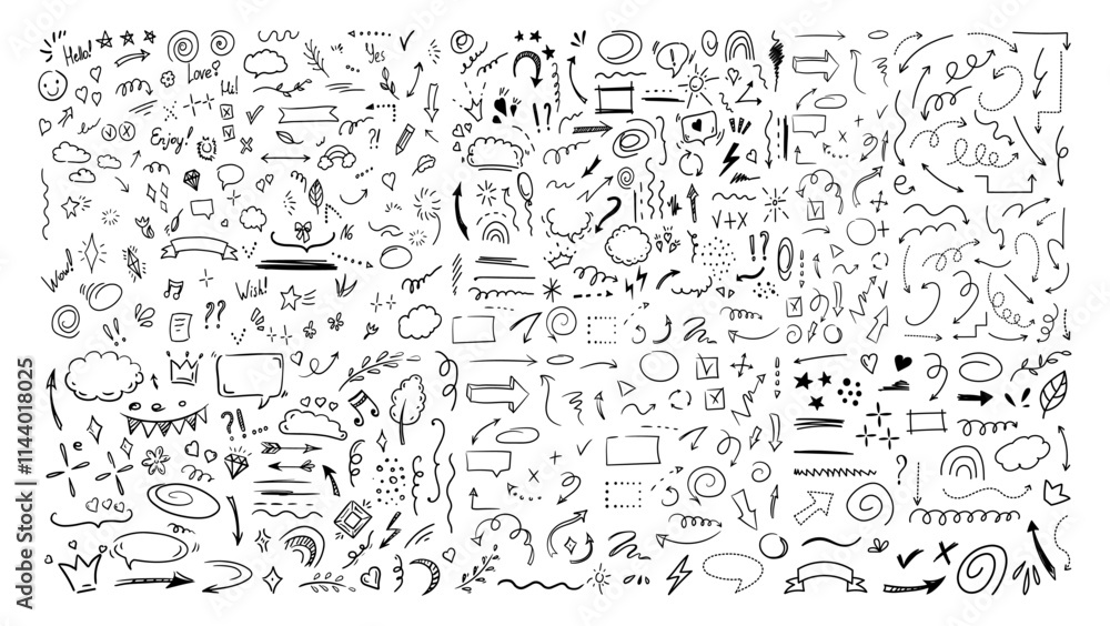 Simple sketch line style elements. Doodle cute ink pen line elements isolated on white background. Doodle arrow, heart, star, decoration symbol, icon set. Vector illustration. Simple sketch line style elements. Doodle cute ink pen line elements isolated on white background. Doodle arrow, heart, star, decoration symbol, icon set. Vector illustration.