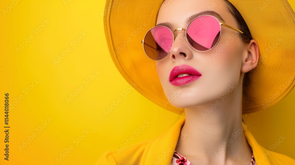 Stylish woman in yellow outfit with pink sunglasses against a yellow background Stylish woman in yellow outfit with pink sunglasses against a yellow background