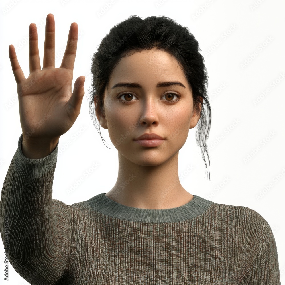 Young woman with raised hand expressing a gesture of greeting or stopping, realistic portrait on neutral background Young woman with raised hand expressing a gesture of greeting or stopping, realistic portrait on neutral background