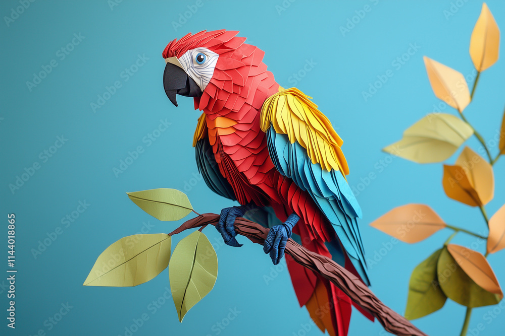 Fototapeta premium Paper Origami Macaw Parrot Perched on Tree Branch