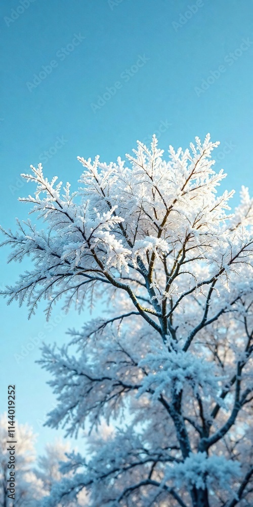 Tree branches covered in thick layer of frost against clear blue sky , branch, tree, frost Tree branches covered in thick layer of frost against clear blue sky , branch, tree, frost