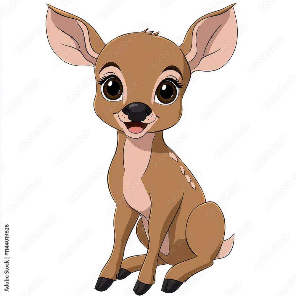 A photostock of a cartoon deer fawn with big bright eyes and soft brown fur, isolated on a clean white background, cute and gentle, High Quality A photostock of a cartoon deer fawn with big bright eyes and soft brown fur, isolated on a clean white background, cute and gentle, High Quality