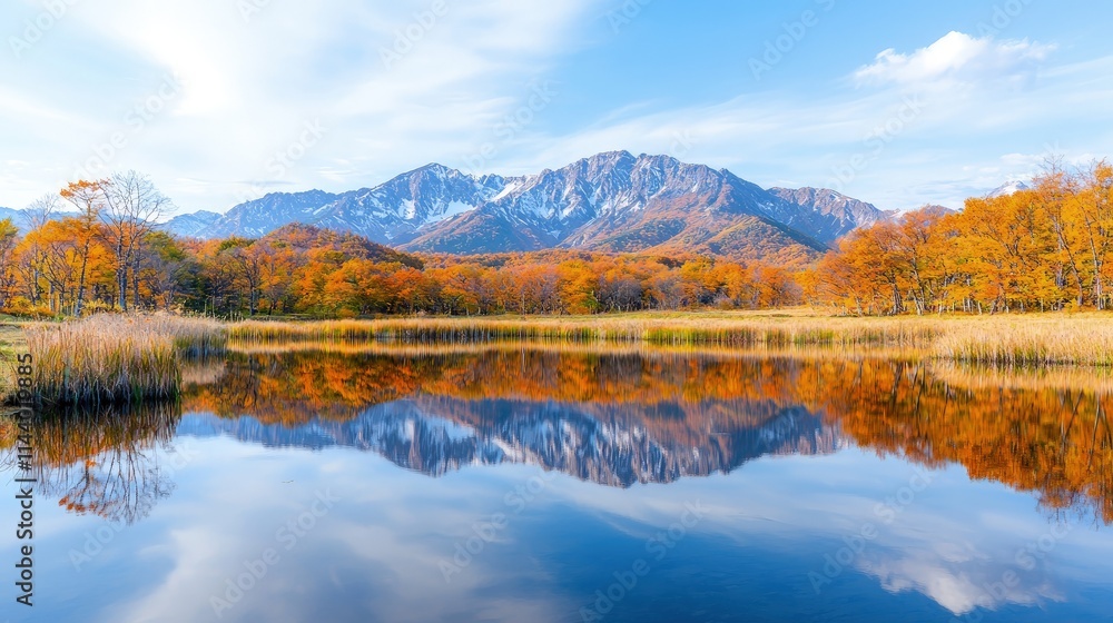 Autumnal lake reflecting snow-capped mountains and colorful trees. Autumnal lake reflecting snow-capped mountains and colorful trees.