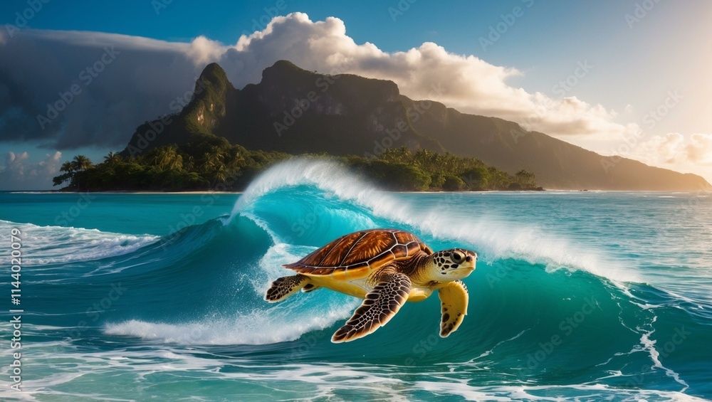 Obraz premium A turtle gracefully rides a wave against scenic mountainous backdrop.