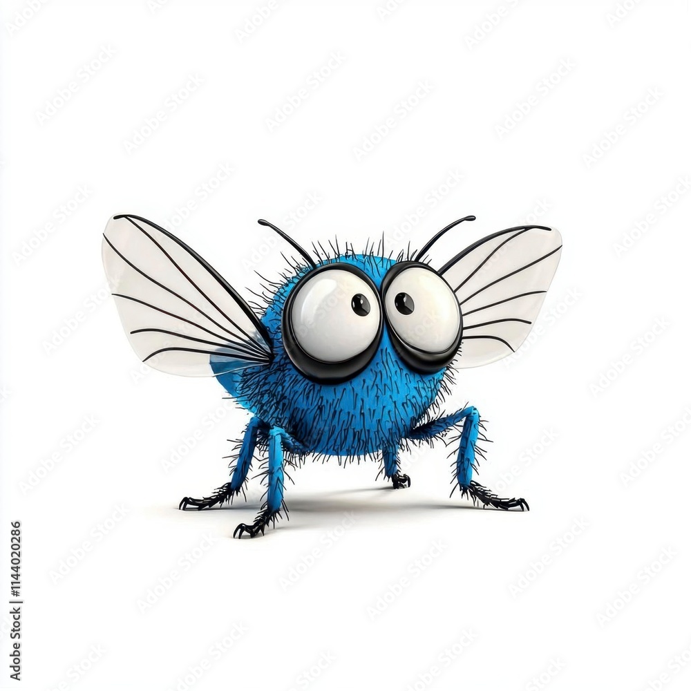 Obraz premium A photostock of a cartoon fly with large shiny wings and big eyes, isolated on a clean white background, quirky and lifelike, High Quality