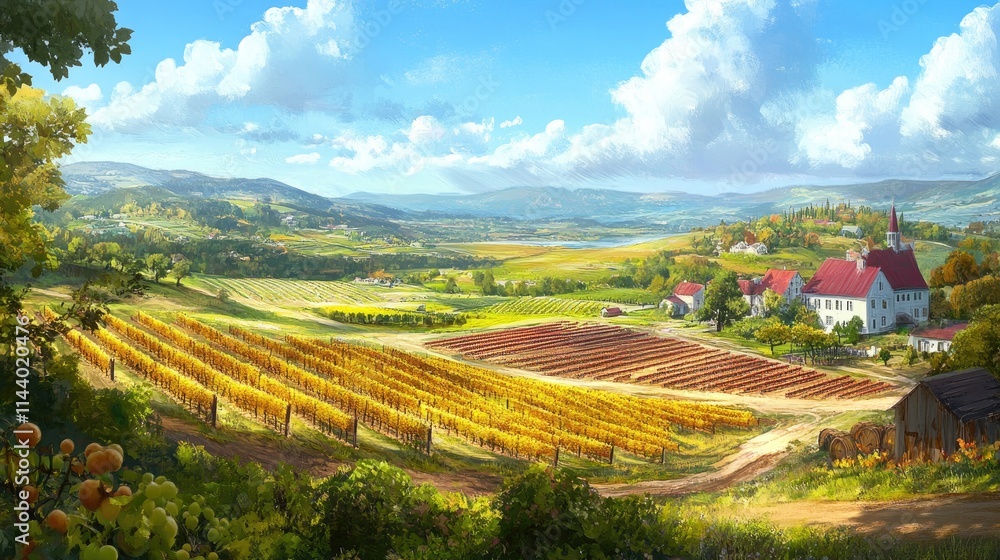 Idyllic autumn vineyard landscape with farmhouse, rolling hills, and clear blue sky. Idyllic autumn vineyard landscape with farmhouse, rolling hills, and clear blue sky.