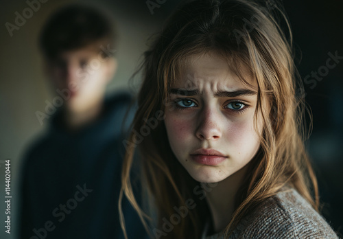 Intense expressions capture emotions of a teenage girl and boy in a dimly lit indoor setting during an uncertain moment