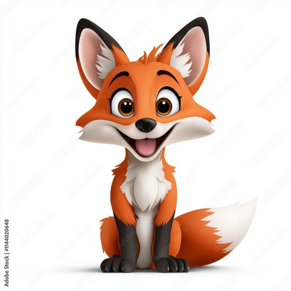 A photostock of a cartoon fox cub with perked ears and a fluffy tail, isolated on a clean white background, playful and animated, High Quality A photostock of a cartoon fox cub with perked ears and a fluffy tail, isolated on a clean white background, playful and animated, High Quality